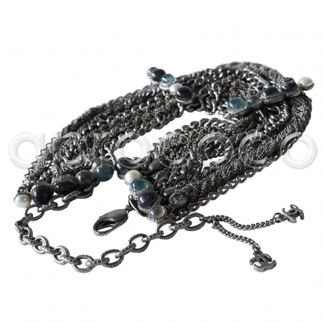 CHANEL 2011 Braided Chain Choker Necklace w. Aqua & Black Stones rt.$4550