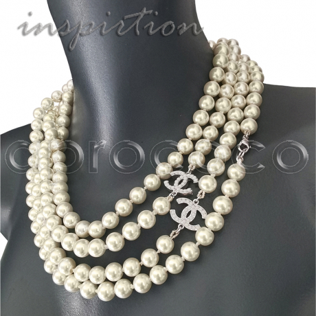 CHANEL celebrity Pearl Necklace TRIPLE CC approx. 117" silver tone