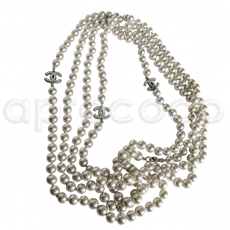 CHANEL celebrity Pearl Necklace TRIPLE CC approx. 117" silver tone