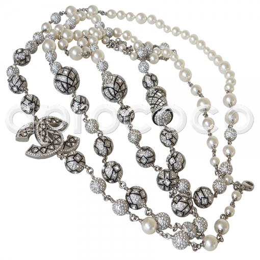 CHANEL 2014 BLING Crystals-Barrel-Balls-Pearls Nacklace-Sautoir 73''