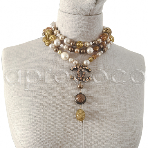 CHANEL pearl necklace * lucite * resin beads * amber-citrin-shades * rhinestones * CC logo