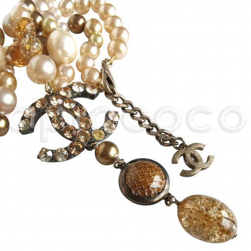 CHANEL pearl necklace * lucite * resin beads * amber-citrin-shades * rhinestones * CC logo