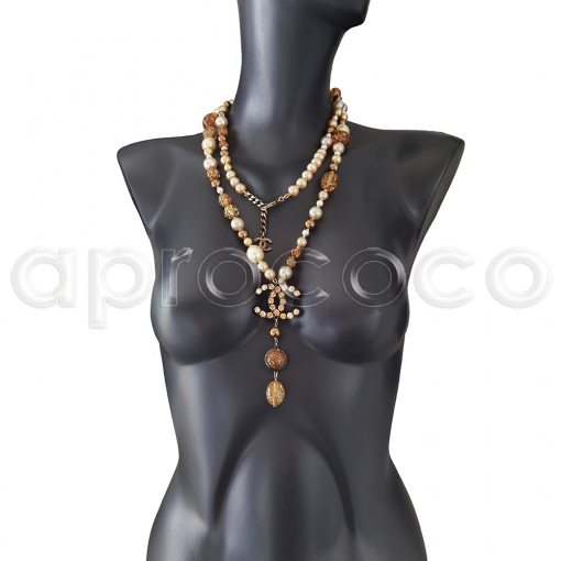 CHANEL pearl necklace * lucite * resin beads * amber-citrin-shades * rhinestones * CC logo