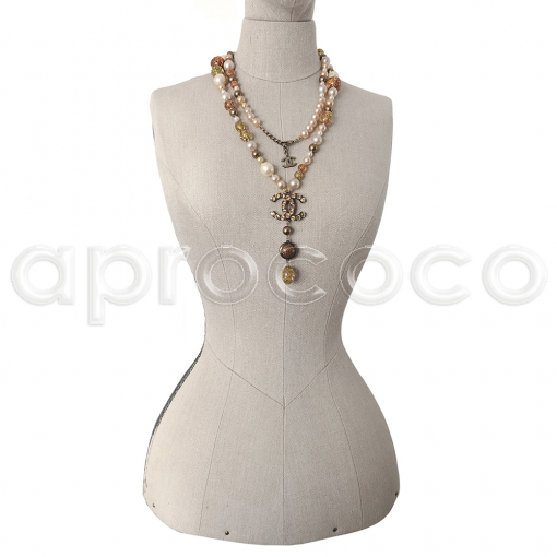 CHANEL pearl necklace * lucite * resin beads * amber-citrin-shades * rhinestones * CC logo