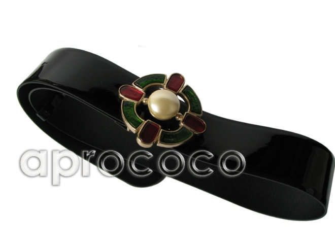 CHANEL monte-carlo jeweled Black Patent Leather Belt w. Maltese Cross Stone Buckle 80/32