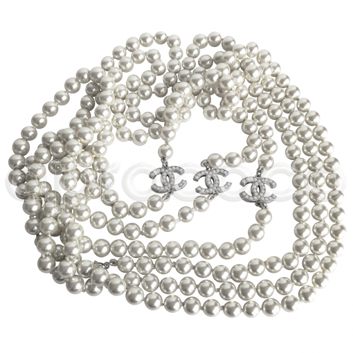 CHANEL celebrity Pearl Necklace TRIPLE CC approx. 117" silver tone