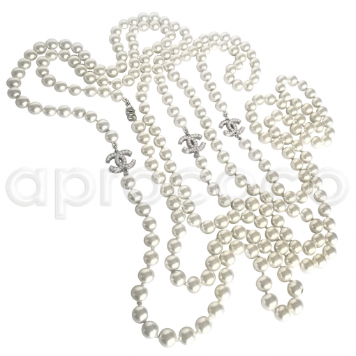 CHANEL celebrity Pearl Necklace TRIPLE CC approx. 117" silver tone