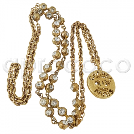 ♥ Parisian Glam ♥ CHANEL crystals Sautoir Necklace w/ CC Logo 3D Pendant