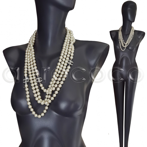 CHANEL celebrity Pearl Necklace TRIPLE CC approx. 117" silver tone