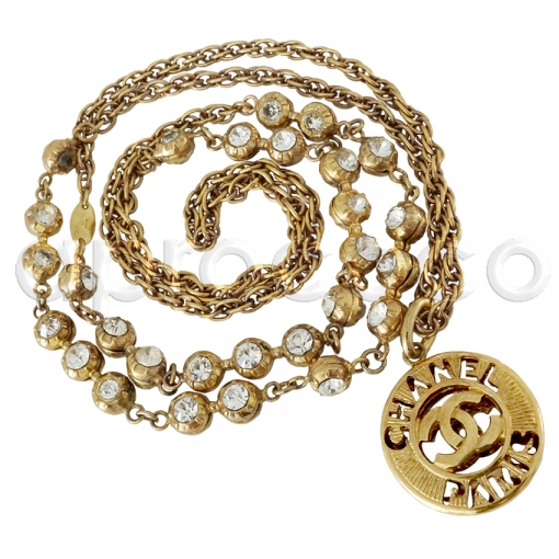 ♥ Parisian Glam ♥ CHANEL crystals Sautoir Necklace w/ CC Logo 3D Pendant